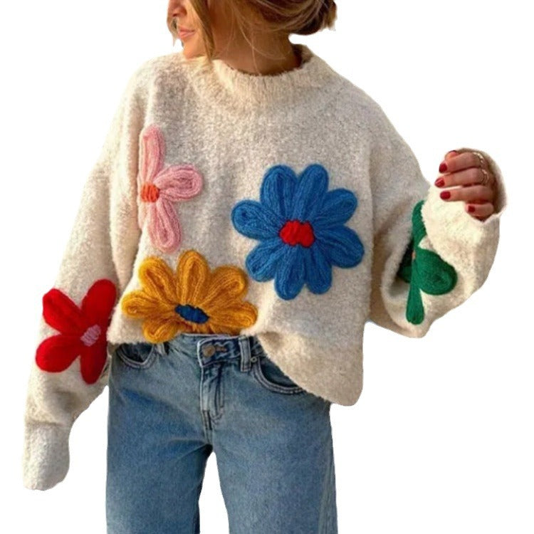Colorful small flower sweater for women embroidered pullover knitted sweater for women