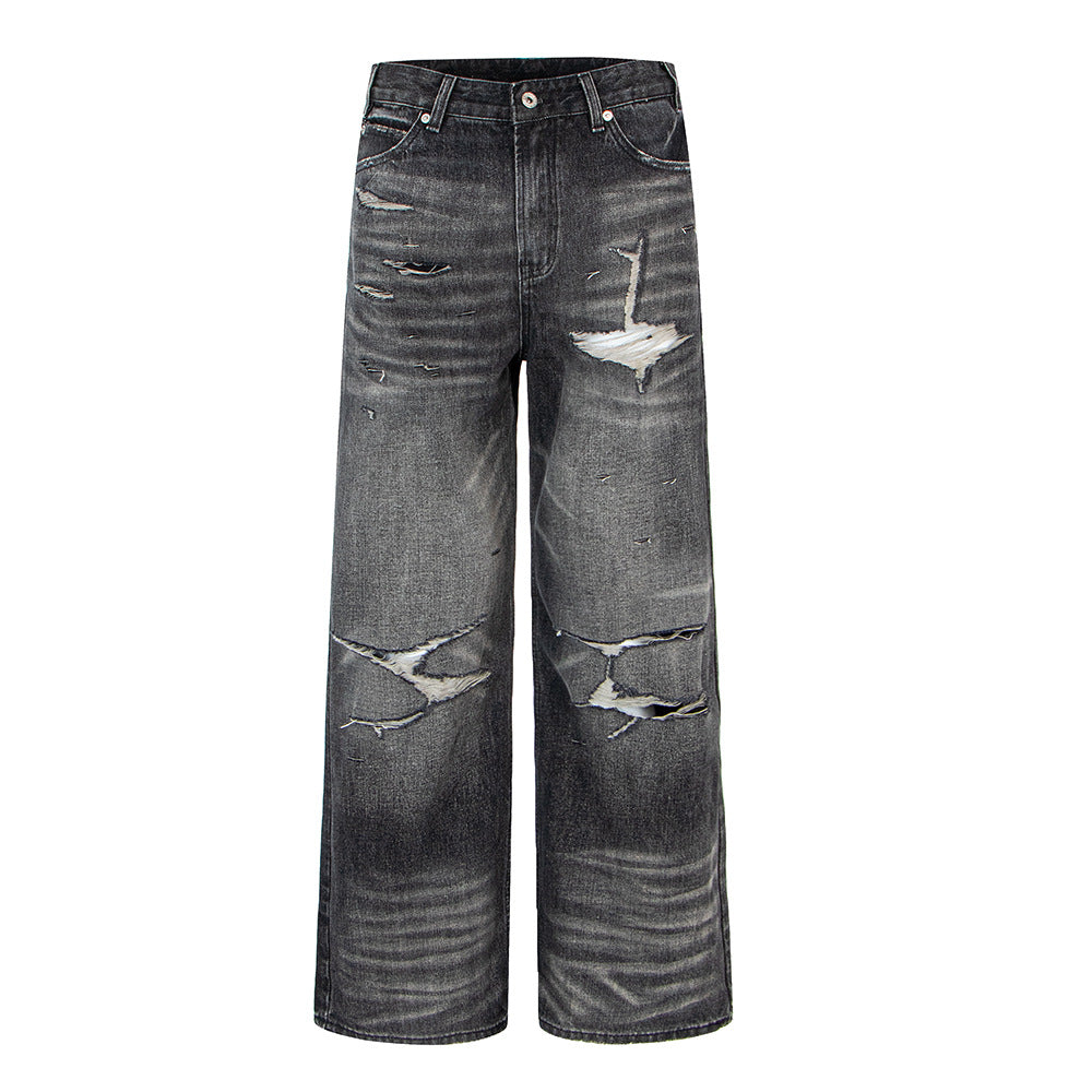 Distressed Ripped Washed Vintage Combat Denim Pants Loose Straight