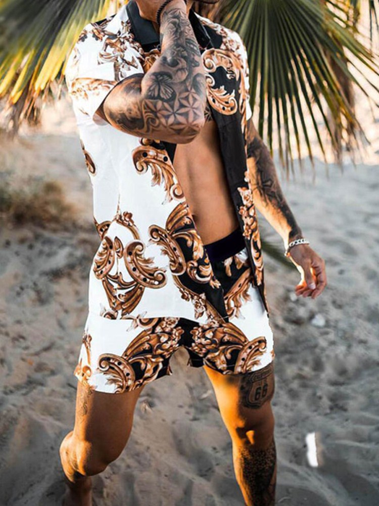 Loose fit shirt casual shorts set for men