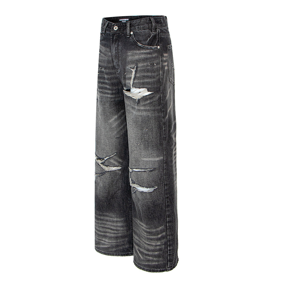 Distressed Ripped Washed Vintage Combat Denim Pants Loose Straight