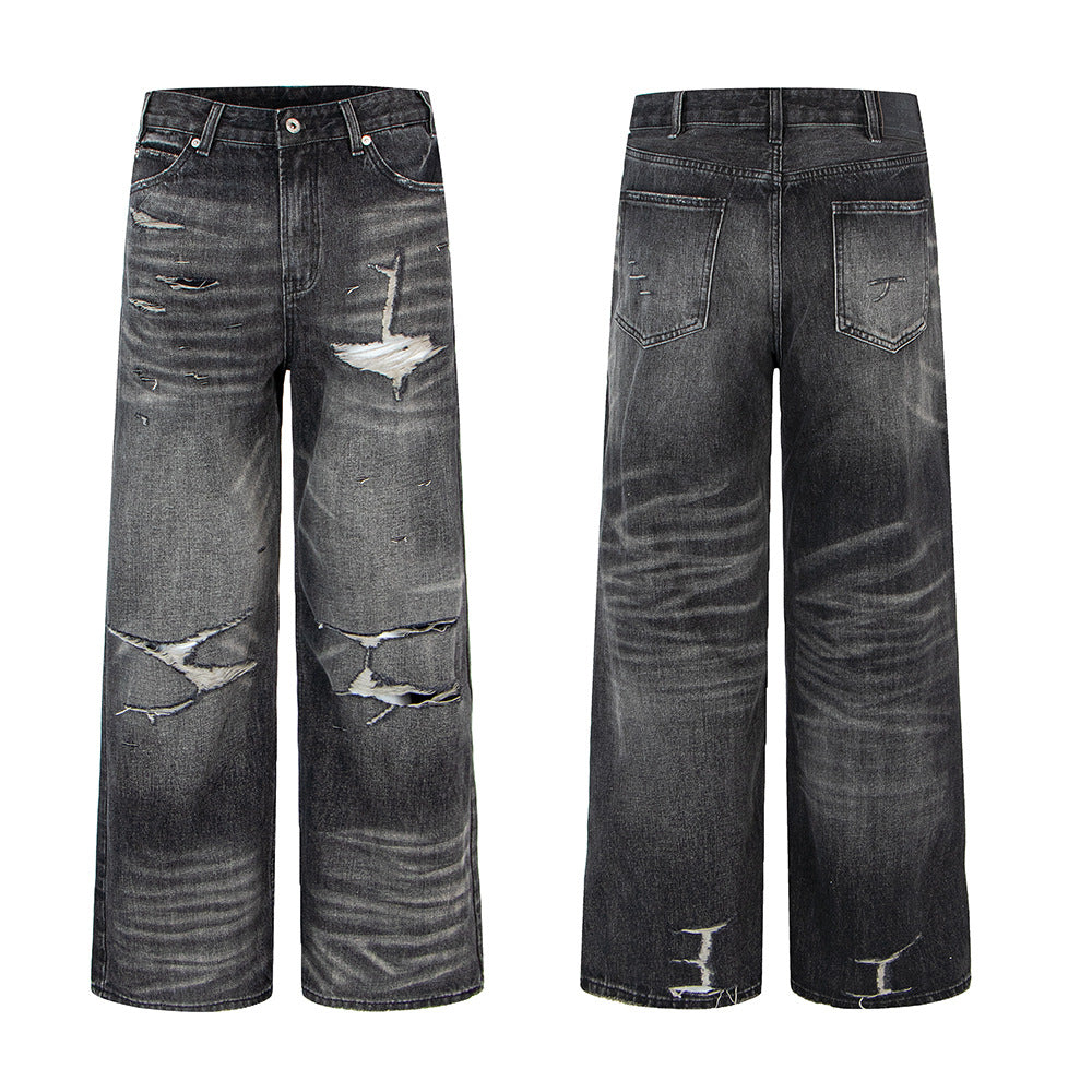 Distressed Ripped Washed Vintage Combat Denim Pants Loose Straight