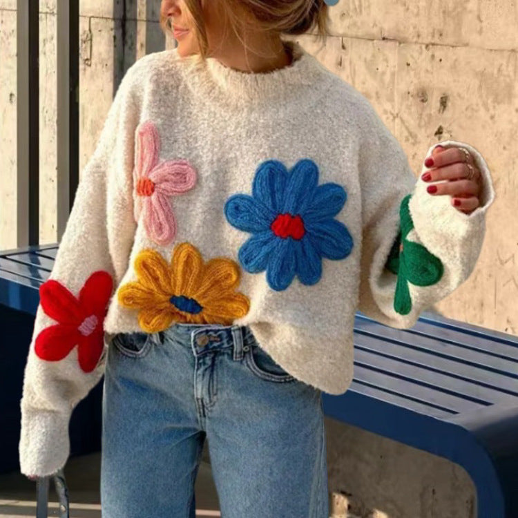 Colorful small flower sweater for women embroidered pullover knitted sweater for women