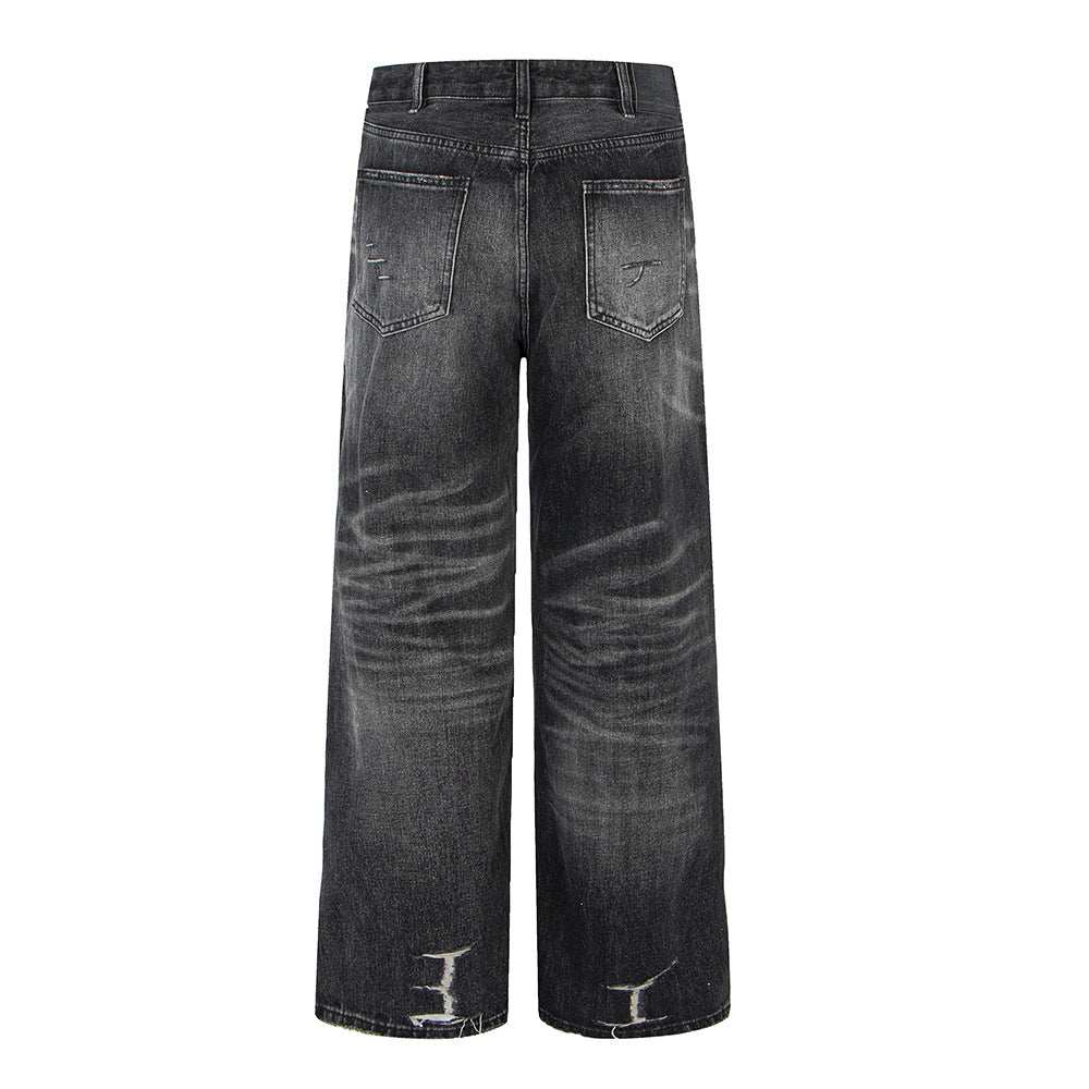 Distressed Ripped Washed Vintage Combat Denim Pants Loose Straight