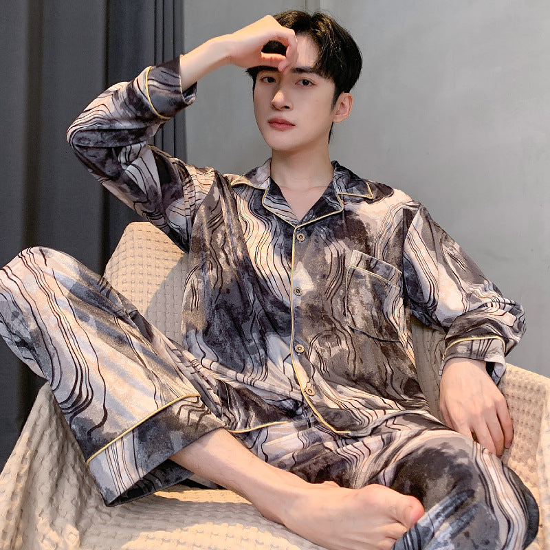 Ice silk long sleeved pajamas for men 