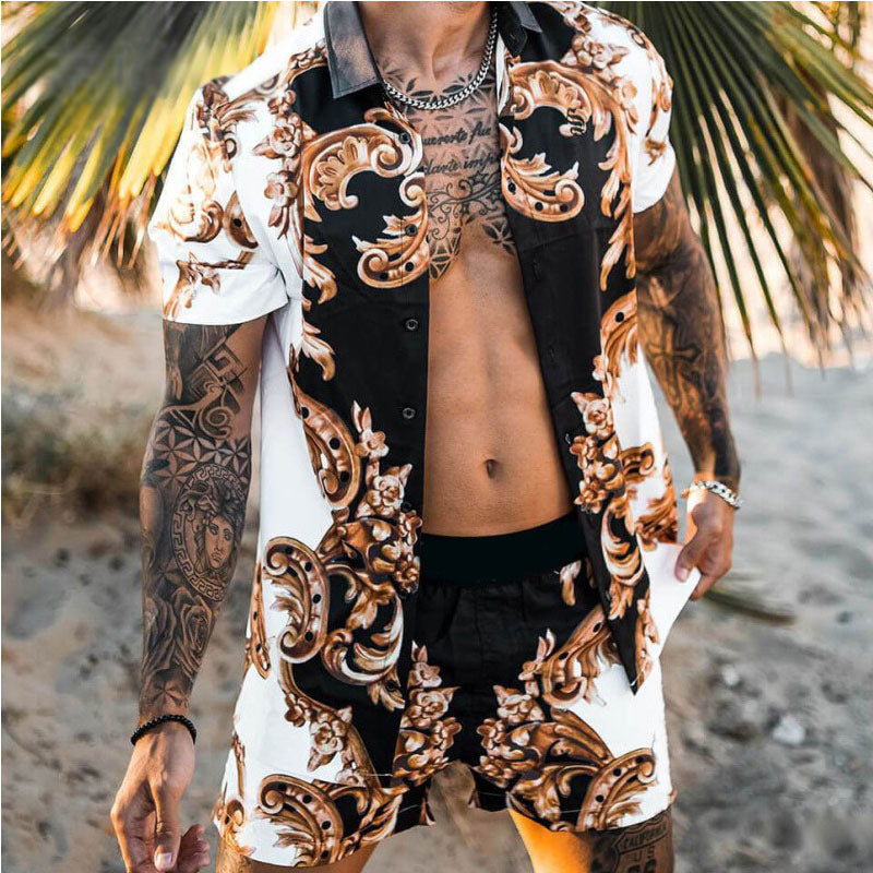 Loose fit shirt casual shorts set for men